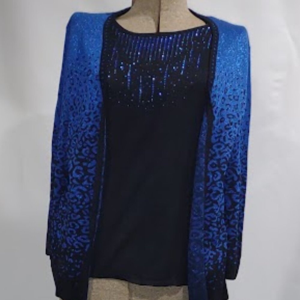 ALFRED DUNNER BLUE & BLACK LEOPARD PRINT STUDS BLING  FAUX CAMI  3/4 SLEEVE LG